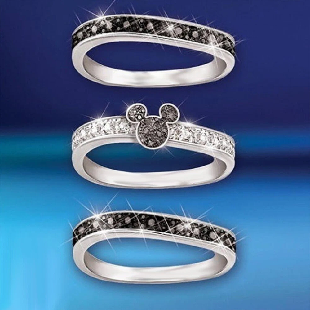 Mickey Black Diamond Wedding Trio Ring Set Band 14k White Gold