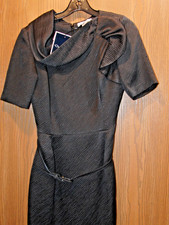 Oscar de la Renta Charcoal Inset Waist Wool Silk Lined Short Sleeve Dress Size 8