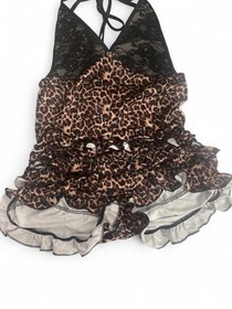 Y2K Leopard Print Lace Bodice Halter V-Neck Ruffled Romper Women&rsquo;s size 6