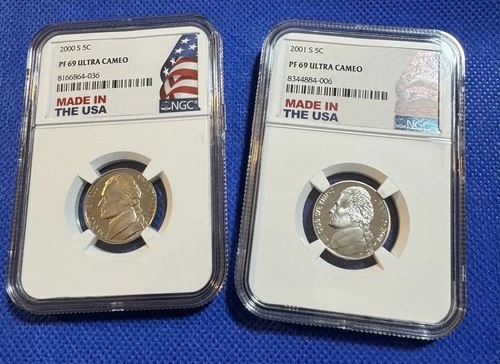 2000 s and 2001 S Jefferson Nickel NGC PF69 Ultra Cameo - Made In USA Holder