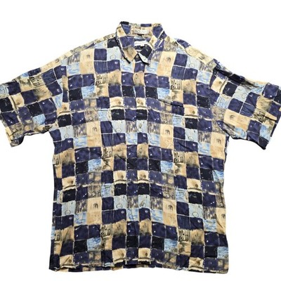 Pierre Cardin Mens Large Blue Tan Abstract Geometric Rayon Short Sleeve Shirt