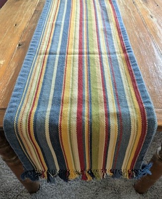 Crate and Barrel Table Runner Wyatt Blue Multi Stripe 14x90 Summer Boho Rustic 