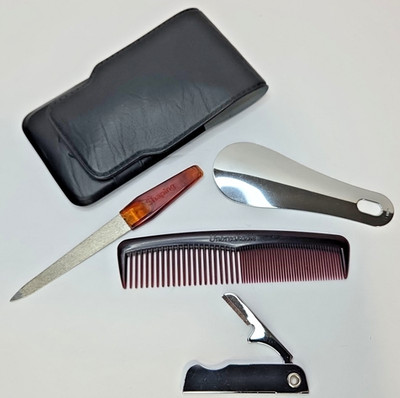 Vtg Oleg Cassini Black Faux Leather Fold Over Nail Grooming Kit Set Tools