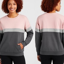 Women s Colorblock Pullover Sweatshirt Gray Pink Crewneck Medium