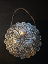 Turkish 900 Silver Repouss&eacute; Floral Hanging Wedding Mirror 5.5"x5.5" MURAT Vtg