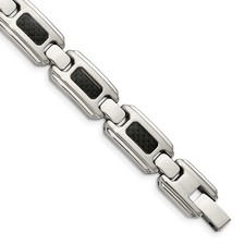 Stainless Steel Brushed Polished with Black Carbon Fiber Inlay Link Bracelet 9"