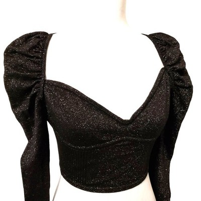 Lè Rumi Cropped Corset Sweater Black Metallic Long Puff Sleeve WHIMSY GOTH NEW