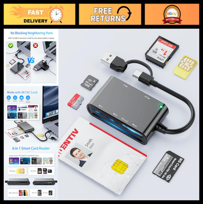 6-in-1 SIM Card & Smart Card Reader Adapter - USB C/A Multi-Card for SIM, ID, SD