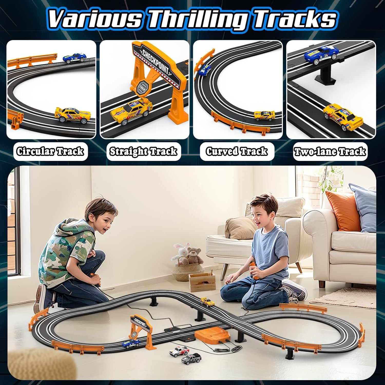 Slot Car Race Track Sets for Boys, Race Car Track with 2 High-Speed Slot Cars, B
