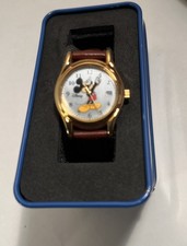 Disney Mickey Mouse Brown Leather strap Watch Collectible Blue Tin Box Ladies
