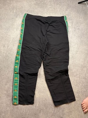 Kappa Black Track Pants W/ Green Logo Tape On Sides Elastic Waist Drawstring Zip