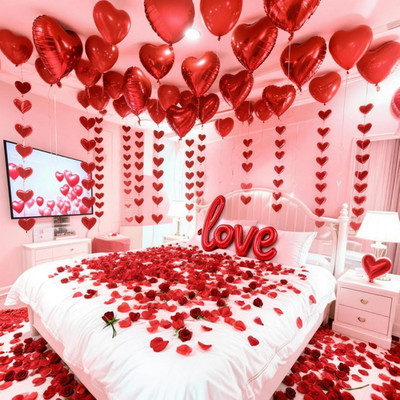 Valentine'S Day Decorations Set   1000 Rose Petals & 31 Red Heart Balloons Kit  
