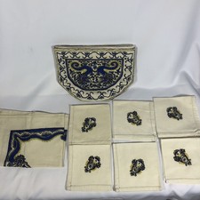 Handmade Embroidered Linen Tea Cozy Runner Napkin 8 Piece Set Placemat Blue Gold