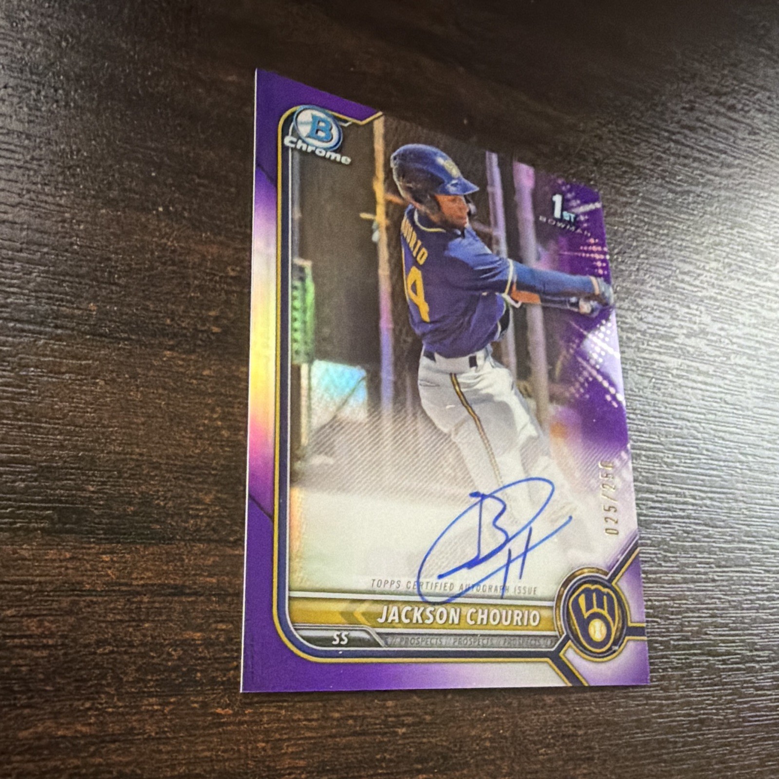 Topps 2022 Bowman Chrome Prospect Auto Jackson Chourio CPA-JCO Purple /250 RC view 6