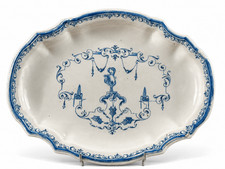 Large antique earthenware dish 18th century decor Berain white blue Toulouse ARDUS 43 cm