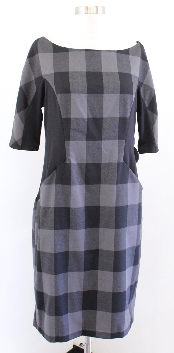 NWT Eva Franco Mckinn Black Gray Plaid Knit Sheath Dress Size 12 Boat Neck  | eBay