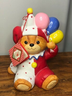 Lucy & Me Lucy Rigg Bear Valentines Day Clown Balloons Ceramic Piggy Bank 1985