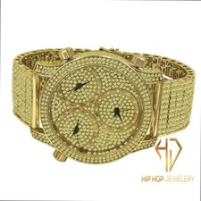 Canary Gold Men Lab Simulate Diamond 3 Time Zone Dial 10 Row Custom Band Watch  