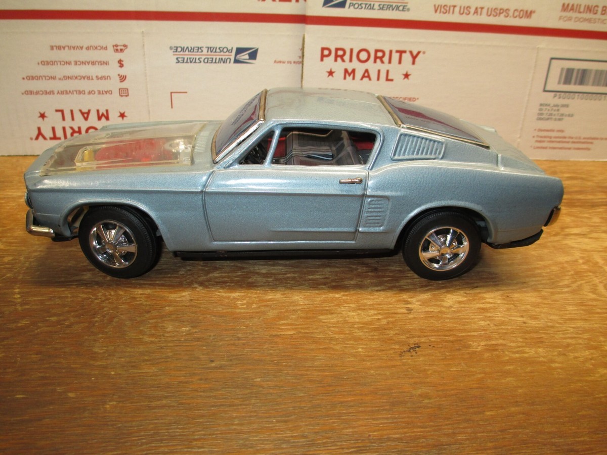 Vintage 1967 Blue Bandai Battery Operated Tin Toy Mustang w/ Box