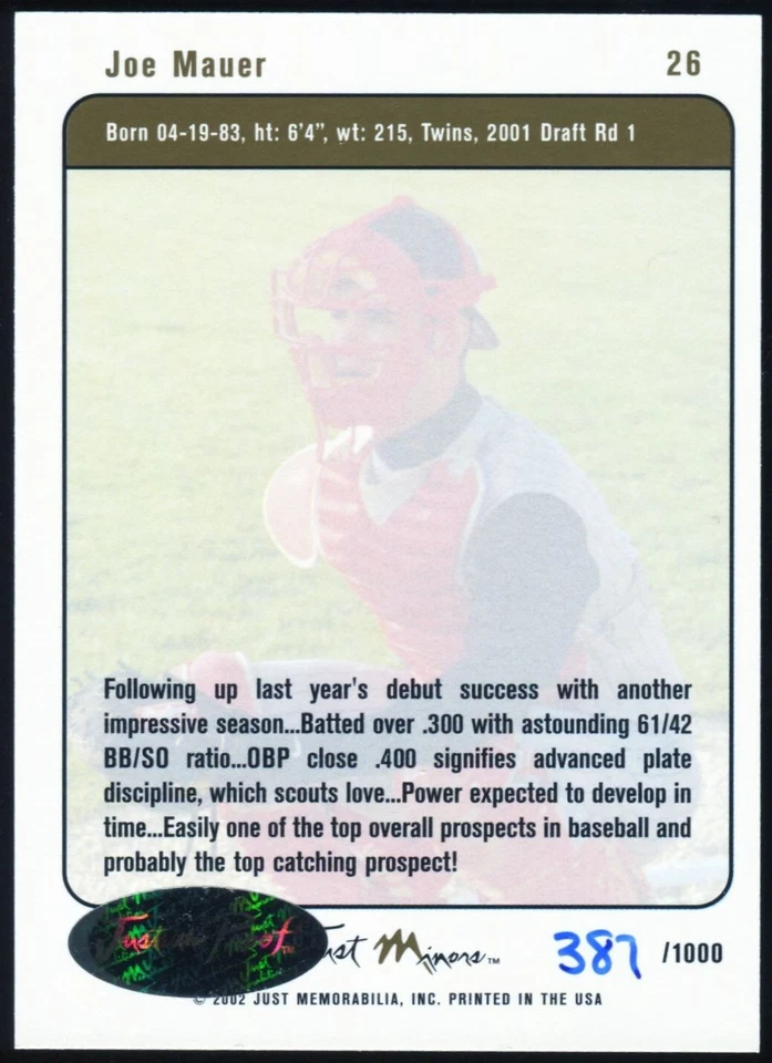 Joe Mauer 2002 Just Minors ¡ORO JUSTIFICABLE! #26 RC Rookie 387/1.000 MN Twins Foto 2 de 2