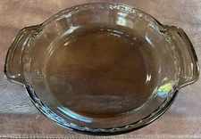 Vintage Anchor Amber Glass 1qt Deep Pie Plate Dish Ribbed Round 9” 1075 USA