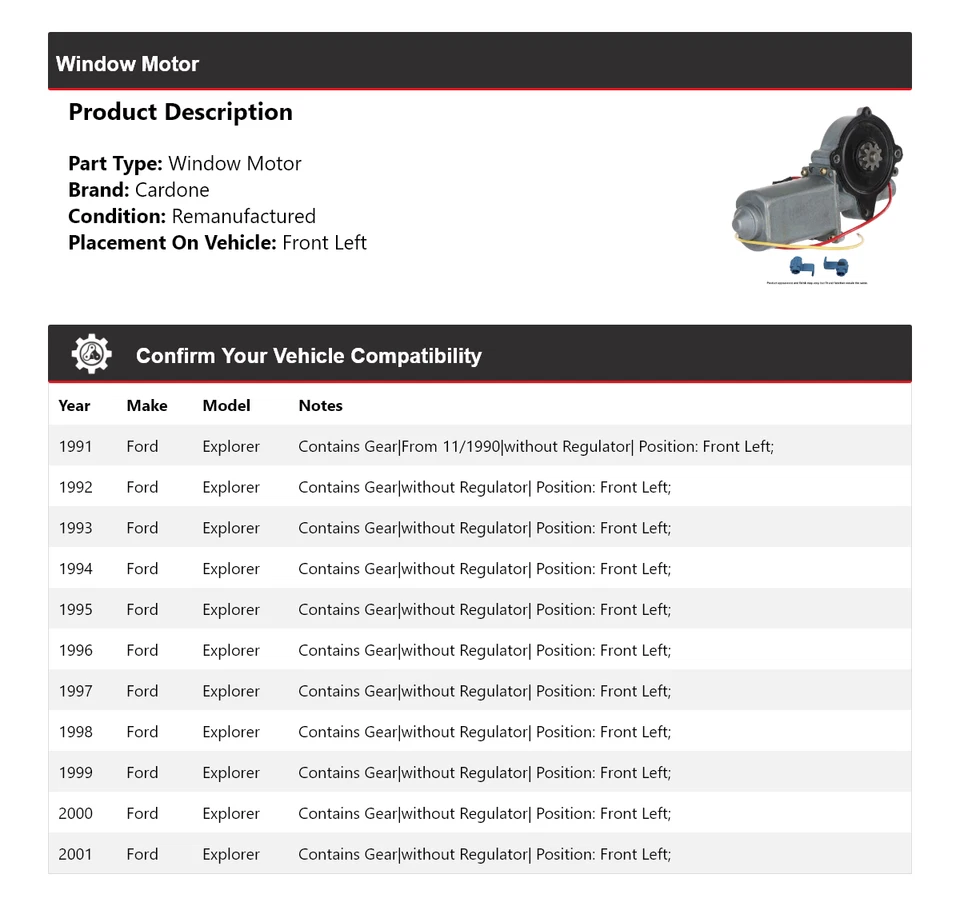 Para 1991-2001 Ford Explorer motor de janela dianteiro esquerdo Cardone 1992 1993 1994 1995 - Imagem 2 de 4