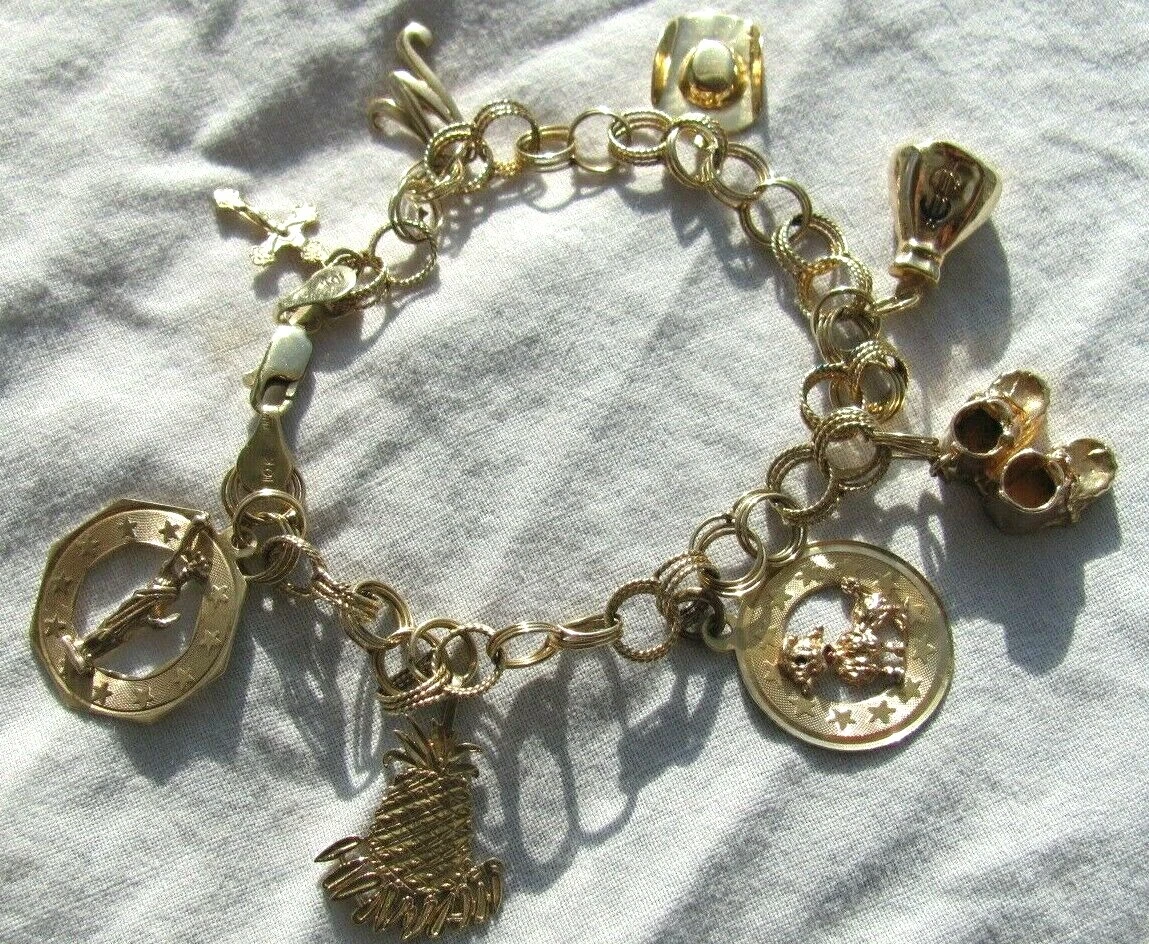 10K Yellow Gold 8 Vintage BBB Charm Bracelet w/ 8 Vintage 14K Charms 14.19g