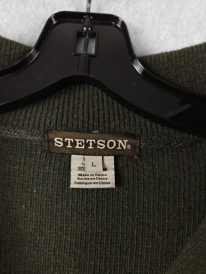 Suéter Stetson Para Hombre Talla Grande L Lana Verde 1/4 Cremallera Manga Larga Con Coderas Foto 3 de 4