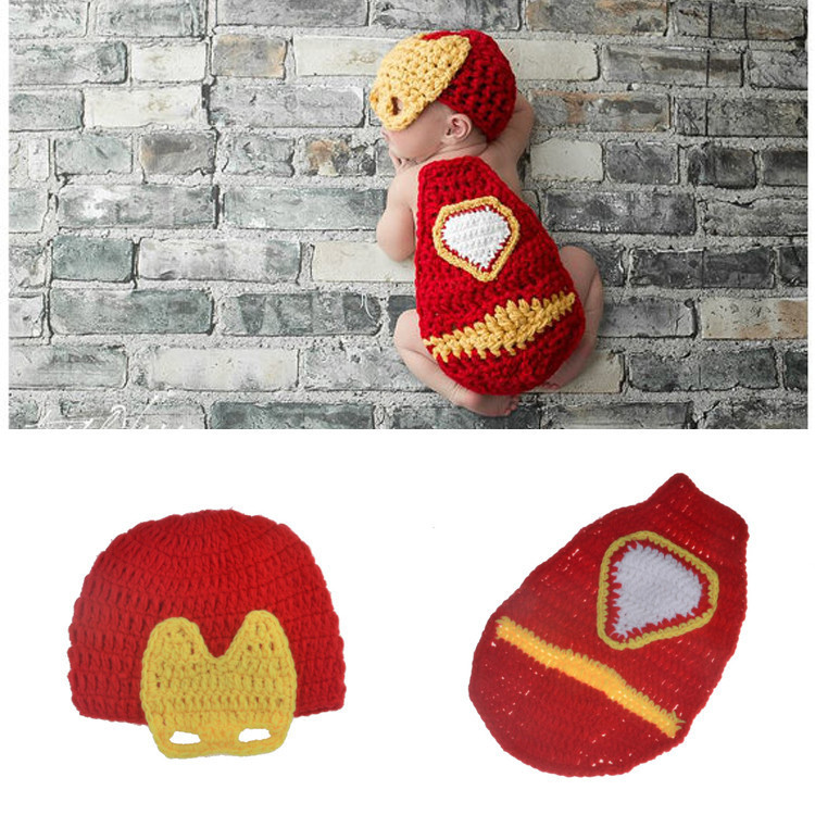 Newborn Baby IRON MAN Hat Cape Costume Set Crochet Photo Prop