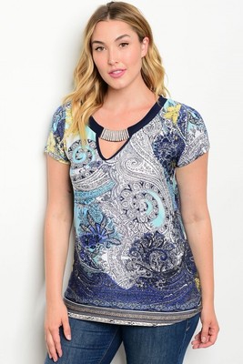 Womens Plus Size Navy Blue and Yellow Top 3X Jeweled Neckline