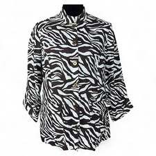 Chicos Sz 1 Linen Jacket Womens M Brown White Zebra Print Pockets 3/4 Sleeves