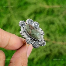 Natural Tibetan Turquoise Stackable Flower Blue Adjustable Ring 925 Silver