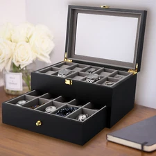 Mens Double Layer Watch Box 20 Grids Leather Display Case Jewelry Storage Holder