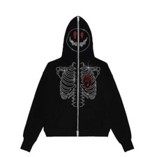Rhinestone Skeleton Fashion Gothic Men Women Black Hoodie Sweatshirt Zip Jacket