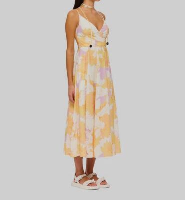 $750 Leo Lin Women's Yellow Floral Strappy Self-Tie Neck Lisa Dress Size 10  | eBay