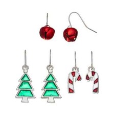 Jingle Bell, Candy Cane Tree Drop Earring Set 3 Pair Earrings Silvertone