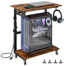 2-Tier Computer Tower Stand with Power Outlet, Height Adjustable PC Tower Brown