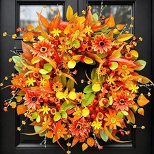 Fall Wreath for Front Door, 24 Inch Autumn Wreath with Berries, Lemon Leaves