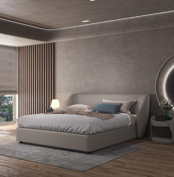Graues Designer Schlafzimmer Doppelbett Textilbetten Holz Lederbetten-image