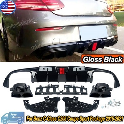 For Benz C-Class C205 C300 C43 Coupe 2015-2021 Rear Diffuser W/LED+Quad Tailpipe