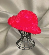 Red Fuzzy Faux Fur Bucket Hat Women’s – Flared Brim Fluffy Shaggy Texture Lined