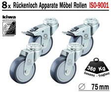 Rückenloch Möbelrollen Apparate Lenk Rollen 8 x Ø 75 mm Br-Le BS-Rollen Germany
