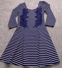 Free People Fit & Flare Dress Womens S Blue White Striped Lace Trim Scoop Neck