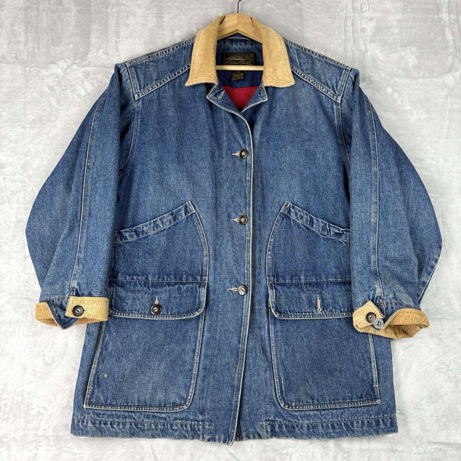 Vintage Eddie Bauer Women Denim Jean Chore Jacket Long Coat Dual Pocket Size L