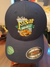 San Pedro California Fish Market Cap Hat Size S-M Flexfit Navy Blue Embroidered