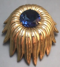 Amazing Sculptural Sapphire 18K Yellow Gold Over Stylized Huge Flower Brooch Pin