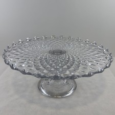 Vintage Pedestal Cake Stand Clear Pressed Glass Diamond Pattern 12" Diameter