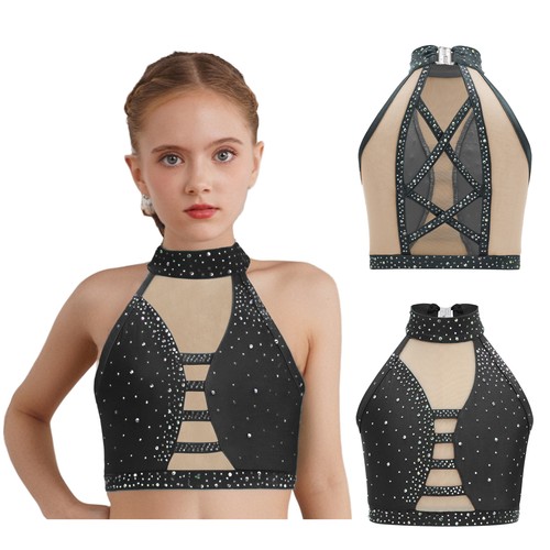 Mädchen Crop Top Eiskunstlauf BH Performance Weste Ballett Kostüm Jazz Modern - Bild 51 von 63