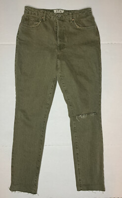We The Free People Stella Skinny Denim Jeans Womens 29 Green Button Fly Raw Hem