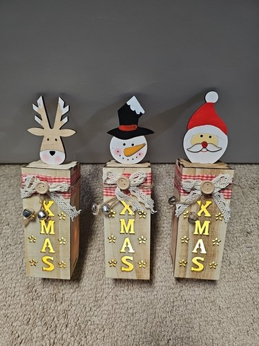 Christmas Wooden Decorations Santa Snowman Reindeer Light On Lot Of 3